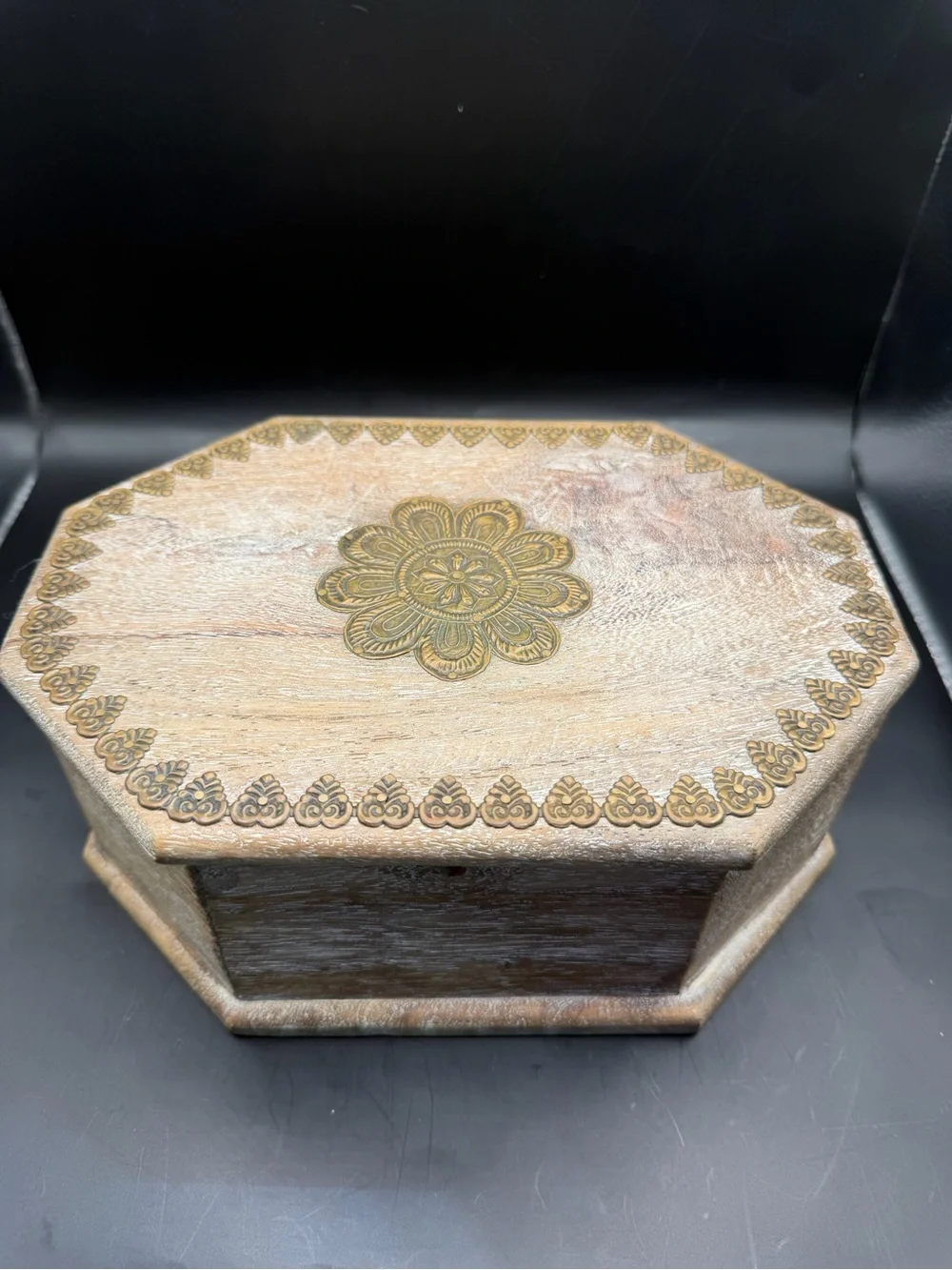 Vintage Hand Carved Wooden Octagon Keepsake Jewelry Box Rustic Decor